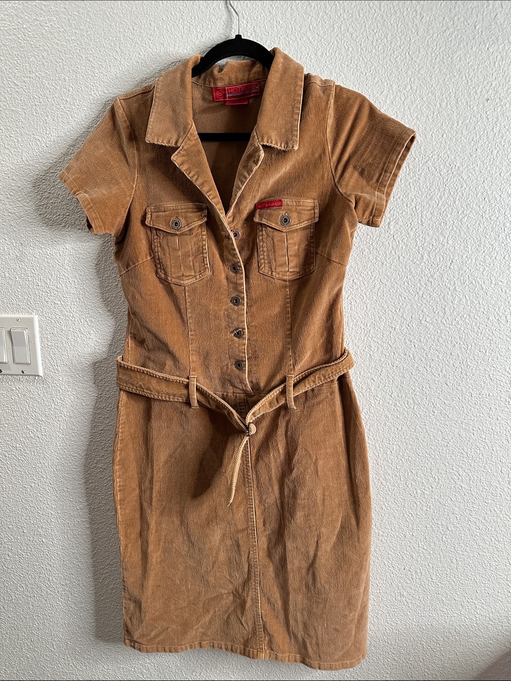 Hot kiss Corduroy Button-Front cotton Dress with Belt - tan Brown size L fits M